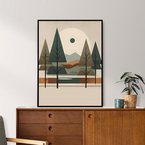 Erdtöne Wald Bäume Wandkunst, Abstrakte Waldlandschaft Druck, Landschaftsdruck Set, Naturmalerei, Mitte des Jahrhunderts moderne Dekoration