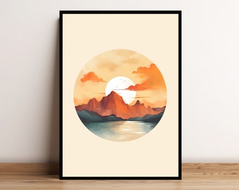 Mountain Circle Wall Art, Abstract Mountains Print, Landscape Print Set, Nature Painting, Mid Century Modern Decor, Digital Download