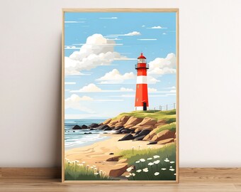Vintage Beach Lighthouse Print,Abstract Coastal Painting,Boho Neutral Beach Wall Art Decor,Colorful Ocean Landscape Poster, Digital Download