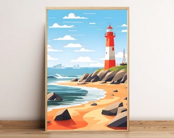 Vintage Beach Lighthouse Print,Abstract Coastal Painting,Boho Neutral Beach Wall Art Decor,Colorful Ocean Landscape Poster, Digital Download