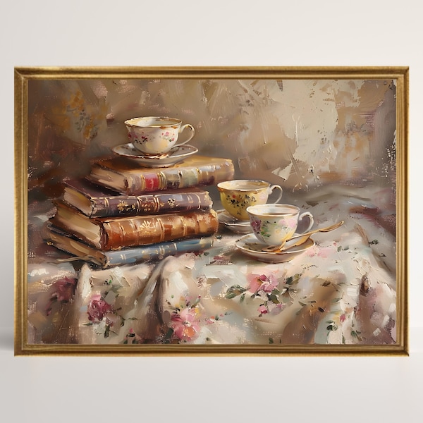 Vintage Library Books Art, Rustic Teacup Oil Painting, Coffee Teacup Antique Painting, Vintage Tablecloth Print, Digital Download