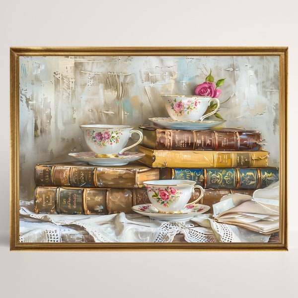 Vintage Library Books Art, Rustic Teacup Oil Painting, Coffee Teacup Antique Painting, Vintage Tablecloth Print, Digital Download