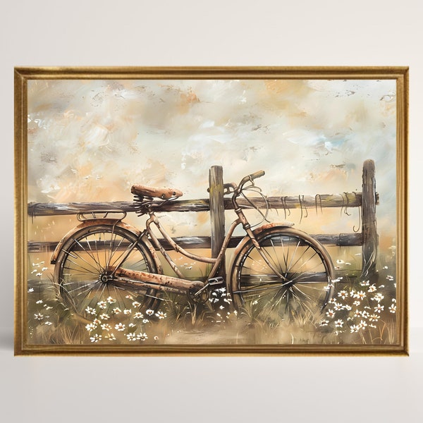 Vintage Bicycle Art Print, Rustic Bike Oil Painting, Bike Poster, Cycling Poster, Wildflower Meadow Field Painting Print, Digital Download