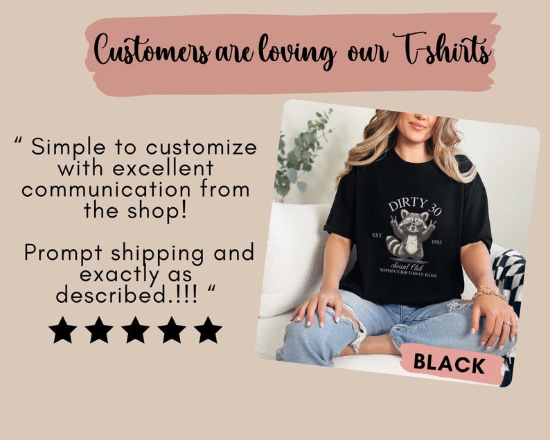 May include: A black t-shirt with a raccoon graphic and the text "Dirty 30 Social Club" and "Est. 1992". The t-shirt is being worn by a person sitting on a couch.