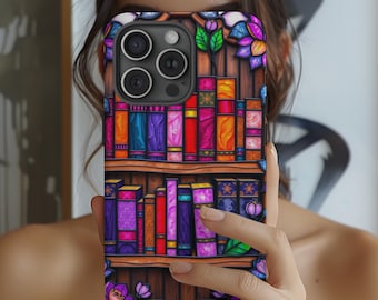 Stained Glass Floral Bookish Phone Case, Faux Stain Glass Reading Theme Book Club Phone Cover, iPhone Pro Max, Pixel Pro, Samsung Ultra Plus