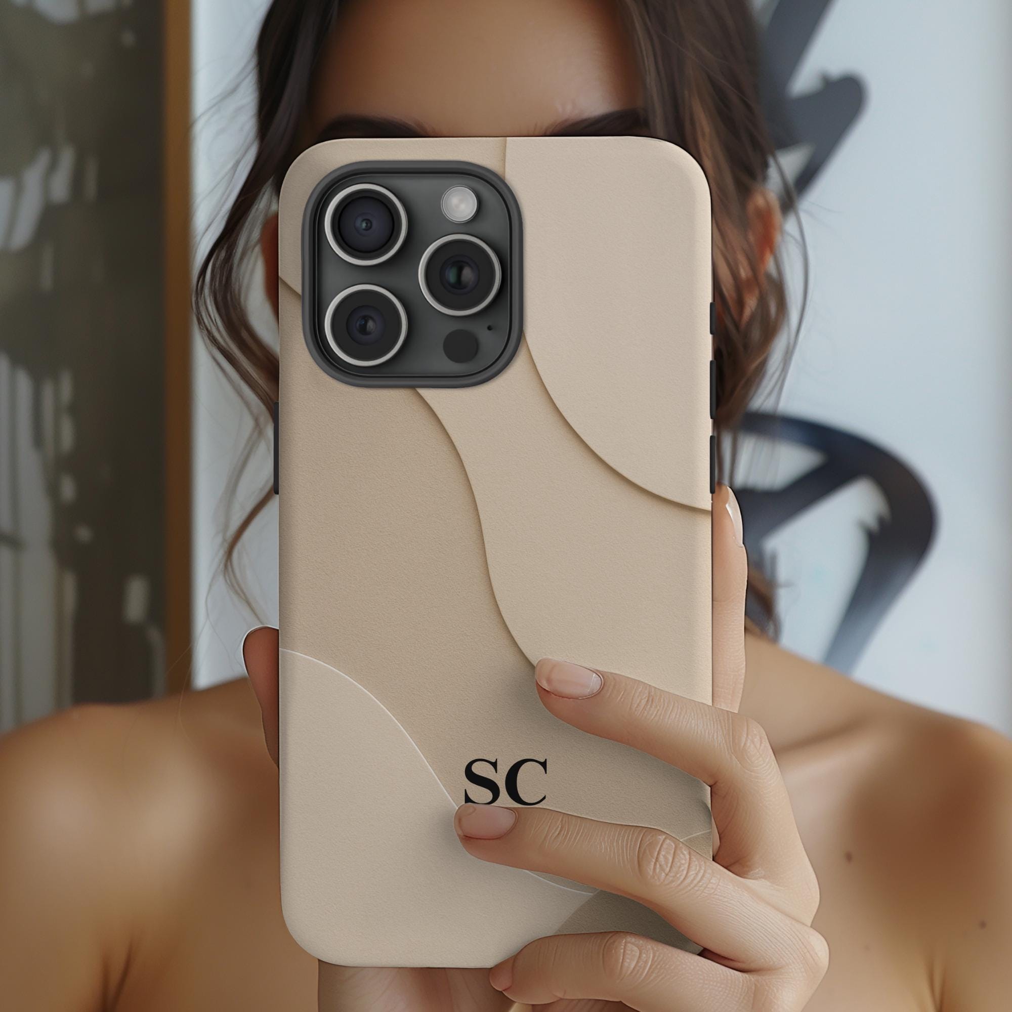 Custom initials Phone Case, Minimalist 3D Wave Design, Monogram Cover iPhone 16 15 14 13 12 Pro Max Plus Google Pixel 9 8 7 iPhone Case Gift
