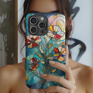 Floral Stained Glass Phone Case, Wildflower Faux Stained Glass Case, Mosaic Floral iPhone 16 15 14 13 12 Pro Max Plus, Google Pixel 9 8 7 6