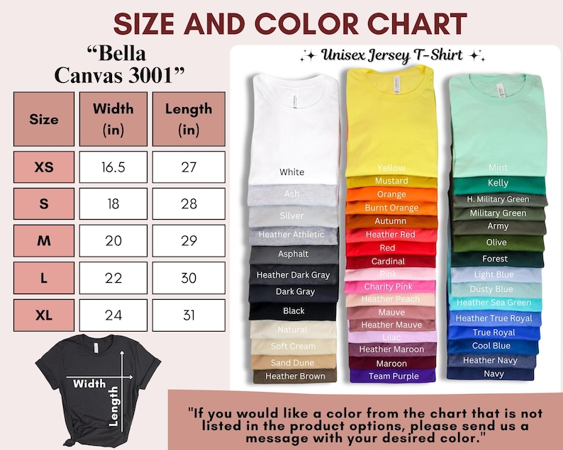 May include: Size and colour chart for Bella Canvas 3001 unisex jersey t-shirts. The chart shows sizes XS to XL with corresponding width and length measurements in inches. The colour chart displays a variety of colours, including white, black, red, blue, green, and more.