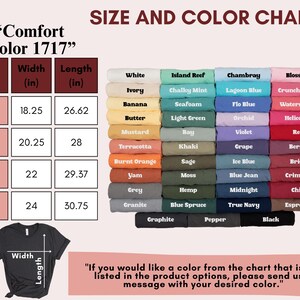 May include: Size and colour chart for a t-shirt with measurements in inches. The chart shows a variety of colours, including white, ivory, banana, butter, mustard, terracotta, burnt orange, yam, grey, granite, graphite, pepper, black, island reef, chalky mint, seafoam, light green, bay, khaki, sage, moss, hemp, blue spruce, chambray, lagoon blue, flo blue, orchid, blossom, crunchberry, watermelon, heliconia, violet, red, berry, brick, crimson, chili, espresso, midnight, and true navy.