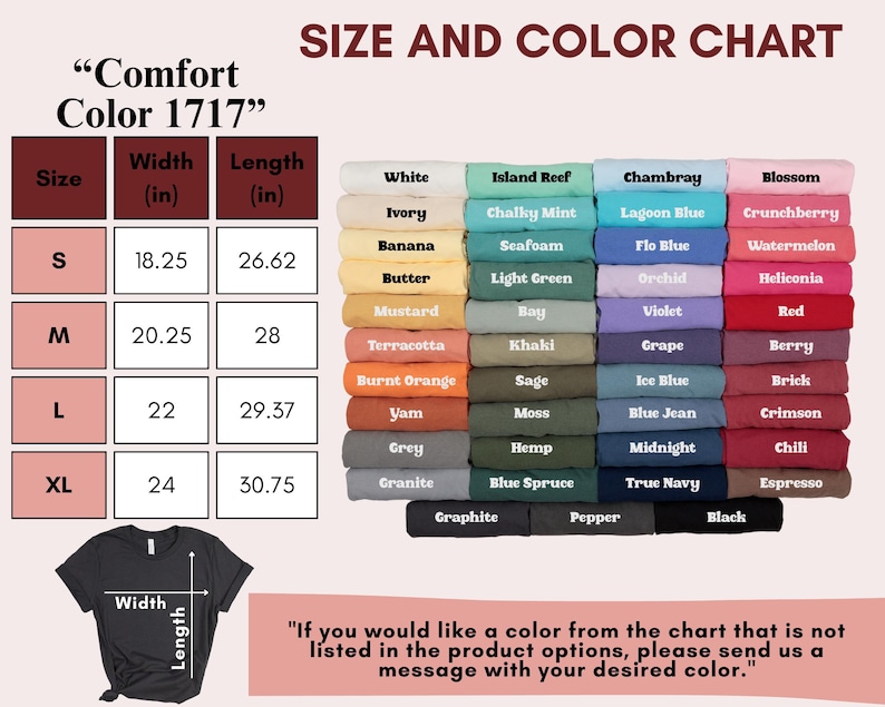 May include: Size and colour chart for a t-shirt with measurements in inches. The chart shows a variety of colours, including white, ivory, banana, butter, mustard, terracotta, burnt orange, yam, grey, granite, graphite, pepper, black, island reef, chalky mint, seafoam, light green, bay, khaki, sage, moss, hemp, blue spruce, chambray, lagoon blue, flo blue, orchid, blossom, crunchberry, watermelon, heliconia, violet, red, berry, brick, crimson, chili, espresso, midnight, and true navy.