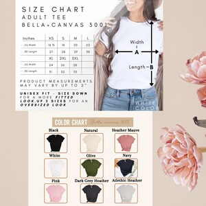 Puede incluir: Tabla de tallas para camisetas para adultos de Bella + Canvas 3001. La tabla muestra las medidas en pulgadas para las tallas XS, S, M, L, XL, 2XL y 3XL. La tabla tambi&eacute;n incluye un diagrama que muestra las medidas de ancho y largo. La tabla incluye una nota que indica que las medidas del producto pueden variar hasta 2 pulgadas. La tabla tambi&eacute;n incluye una nota que indica que el ajuste unisex es de talla baja para un look m&aacute;s ajustado. La tabla tambi&eacute;n incluye una nota que indica que aumentar el tama&ntilde;o en 2 tallas crear&aacute; un look de gran tama&ntilde;o. La tabla tambi&eacute;n incluye una tabla de colores con los siguientes colores: Negro, Natural, Heather Mauve, Blanco, Oliva, Azul marino, Rosa, Gris oscuro jaspeado y Atl&eacute;tico jaspeado.