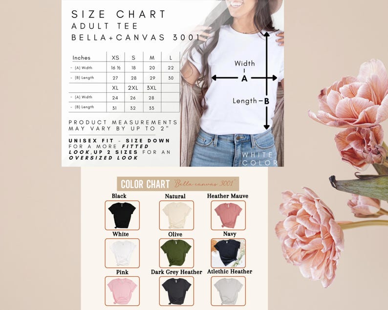 Puede incluir: Tabla de tallas para camisetas para adultos de Bella + Canvas 3001. La tabla muestra las medidas en pulgadas para las tallas XS, S, M, L, XL, 2XL y 3XL. La tabla tambi&eacute;n incluye un diagrama que muestra las medidas de ancho y largo. La tabla incluye una nota que indica que las medidas del producto pueden variar hasta 2 pulgadas. La tabla tambi&eacute;n incluye una nota que indica que el ajuste unisex es de talla baja para un look m&aacute;s ajustado. La tabla tambi&eacute;n incluye una nota que indica que aumentar el tama&ntilde;o en 2 tallas crear&aacute; un look de gran tama&ntilde;o. La tabla tambi&eacute;n incluye una tabla de colores con los siguientes colores: Negro, Natural, Heather Mauve, Blanco, Oliva, Azul marino, Rosa, Gris oscuro jaspeado y Atl&eacute;tico jaspeado.