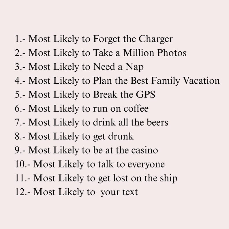 May include: A list of humorous statements on a light pink background. The statements include "Most Likely to Forget the Charger," "Most Likely to Take a Million Photos," and "Most Likely to Need a Nap."