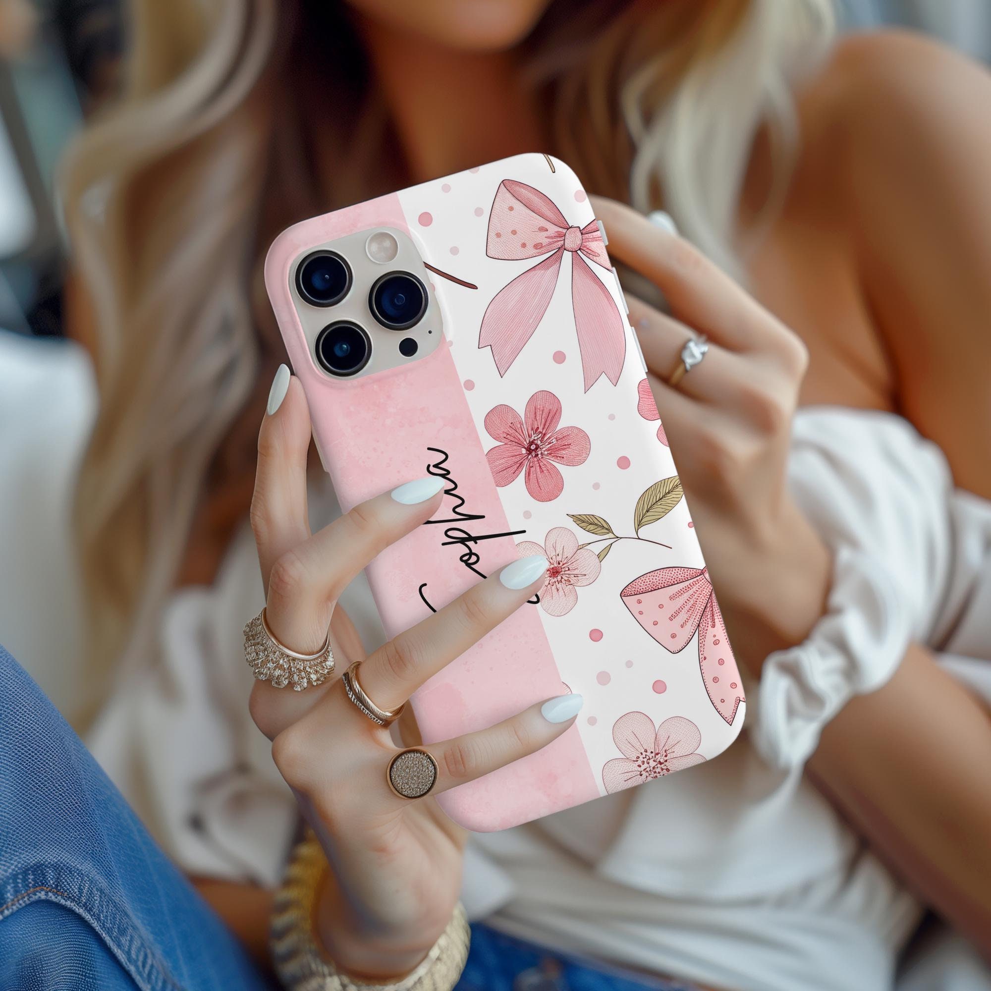 Custom Coquette Phone Case, Pink bow phone case, floral aesthetic case, sturdy dual layer, 16 15 14 13 12 11 Pro Max Plus, Samsung S24 S2