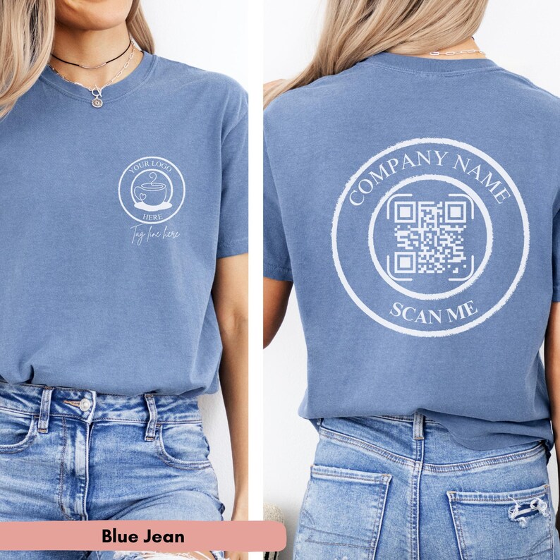 May include: A blue jean t-shirt with a white circle on the back that says "COMPANY NAME" and has a QR code inside. The circle also says "SCAN ME". The front of the shirt has a white circle with a coffee cup and the text "YOUR LOGO HERE" and "Tag line here".