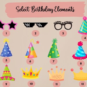 Puede incluir: Un conjunto de 12 elementos para una fiesta de cumplea&ntilde;os, que incluyen sombreros, gafas y coronas. Los elementos son coloridos y divertidos, y ser&iacute;an perfectos para una fiesta de cumplea&ntilde;os.