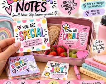 May include: A set of 42 printable lunch box notes featuring colorful designs and encouraging phrases like You Are Special, You Are Capable, Kindness Looks Good On You, and You Bring Joy. The cards are square with pastel polka dots and hearts.