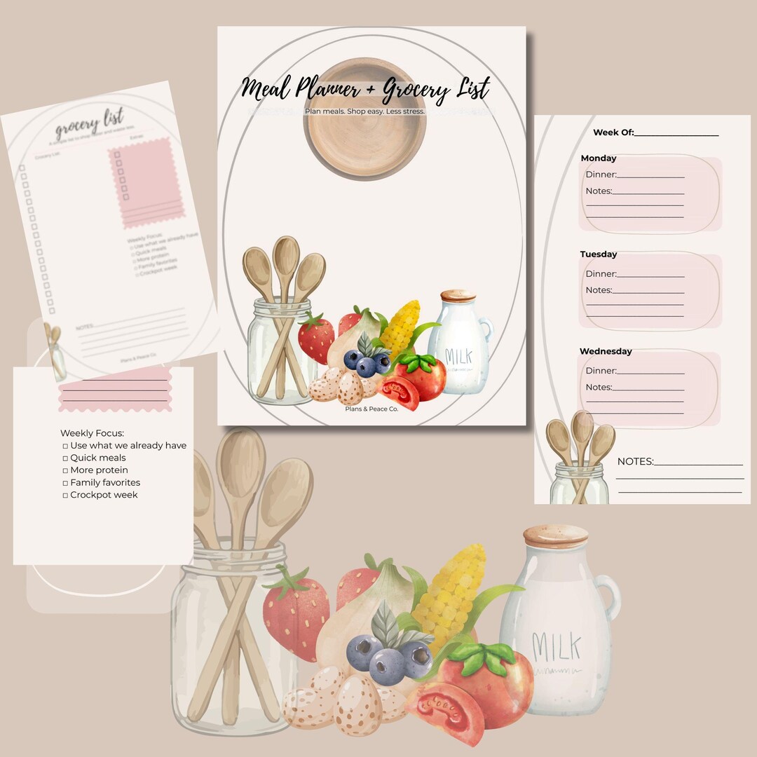 Feminine Weekly Meal Planner Printable | Grocery List PDF (instant ...