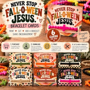 May include: Six rectangular paper cards featuring the text NEVER STOP FALL-O-WEEN JESUS in retro typography. Each card displays a different background pattern, including checkers, leopard print, and rainbows, with a silicone cross bracelet attached.