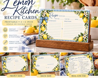 Tarjetas de recetas Lemon Kitchen / Estilo Cottagecore con cuadros azules (Descarga digital)