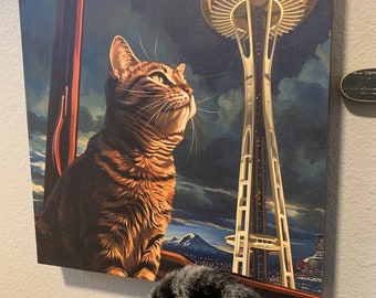 Seattle Cat Canvas Gallery Wraps, Space Needle, Seattle Washington, Cat on a boat, Pacific Northwest Art, Cat Painting Canvas