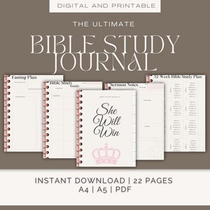 May include: A digital printable Bible study journal with a pink crown and the text "She Will Win". The journal includes sections for fasting plans, Bible study guides, sermon notes, and a 52-week Bible study plan. The journal is available in A4 and A5 sizes.