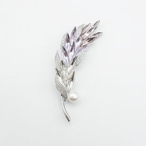 Crystal Olive Leaf Pearl Brooch • Silver Branch Pin • Elegant Nature-Inspired Jewelry Gift