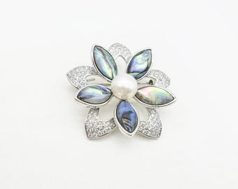 Mother of Pearl Floral Brooch: Abalone Shell, Freshwater Pearl, Sterling Silver or Gold