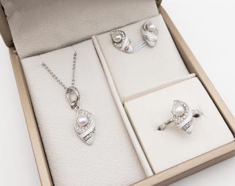 Sterling Silver Pearl Jewelry Set: Ocean Shell Pendant, Ring, Earrings