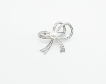 Crystal Bow Brooch: Gold or Silver Ribbon Pin with Pearl