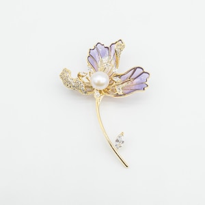 Elegant Orchid Flower Brooch • 14K Gold Filled Enamel & Pearl Pin • Nature Inspired Jewelry • Gift for Her
