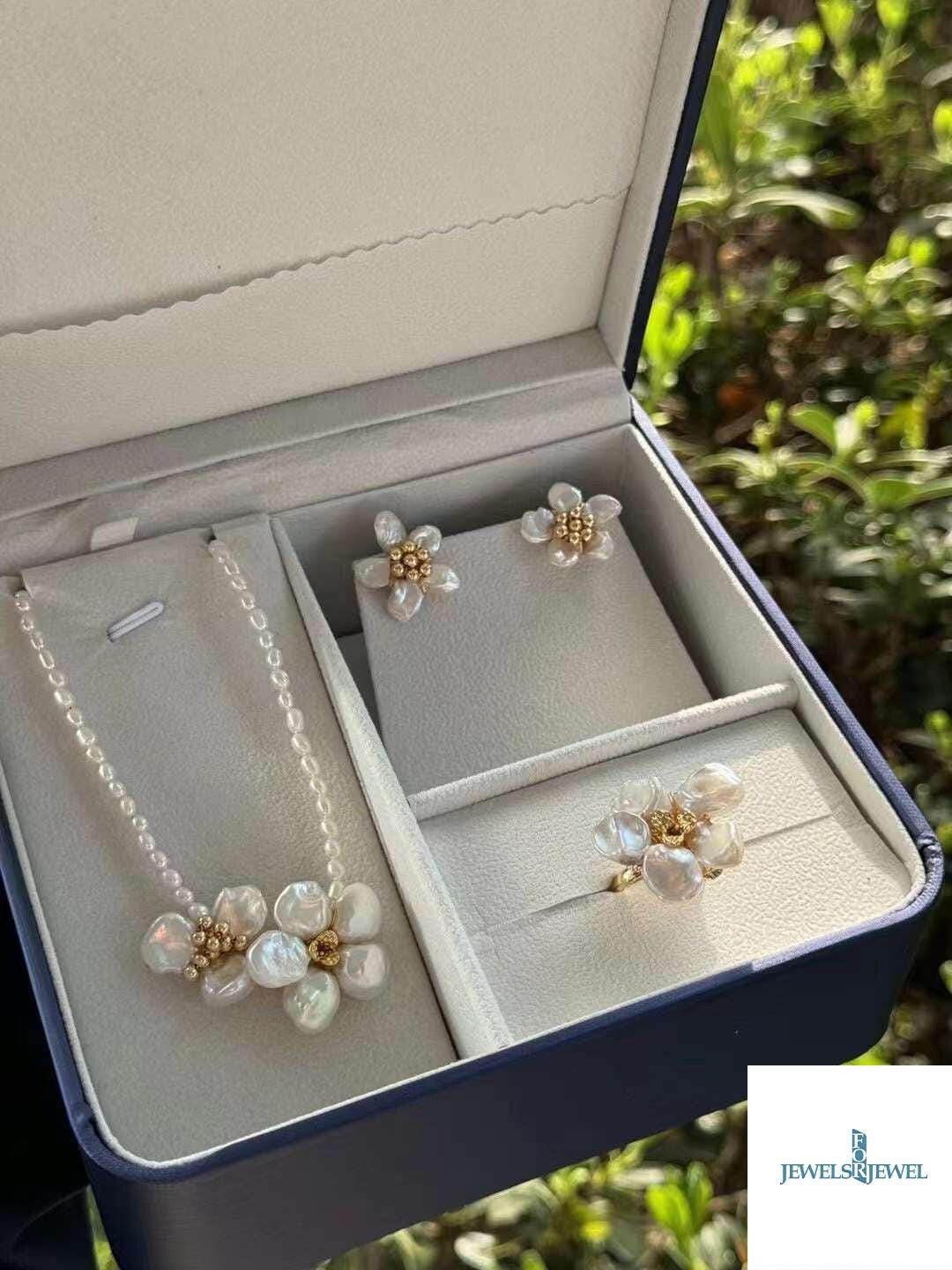 Baroque Pearl Flower Jewelry Set: 14k Gold-Filled Ring, Necklace, Earrings