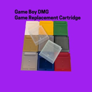 May include: A collection of Game Boy DMG game replacement cartridges in various colors, including white, yellow, green, gray, blue, and red. The image also includes clear plastic cartridge covers. Text on the image reads "Game Boy DMG Game Replacement Cartridge."