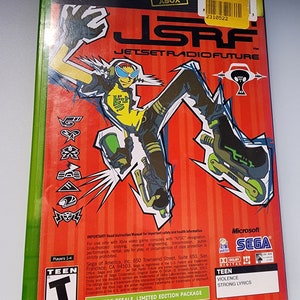 May include: A red, white, and black Xbox video game case for Jet Set Radio Future. The case features a cartoon character on rollerblades with a yellow shirt and blue sunglasses. The game is rated T for Teen by the ESRB and includes a warning for violence and strong lyrics.