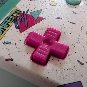 May include: A close-up of a Konfetti Boy handheld game console. The image features a bright pink directional pad, yellow buttons, and the Konfetti Boy logo. The console has a white speckled surface with colorful confetti-like decorations.