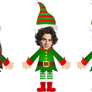 May include: Three people are wearing elf costumes with green and red striped hats. The costumes are green with white stripes and a brown belt. The people are smiling.