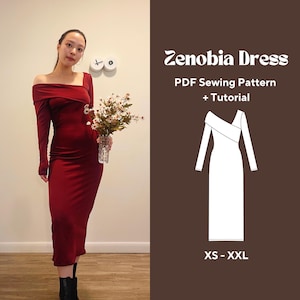 Zenobia Dress Sewing Pattern | Holiday Bodycon Asymmetrical Off-Shoulder Midi Dress PDF Pattern | Size XS-XXL with Step-by-Step Instructions
