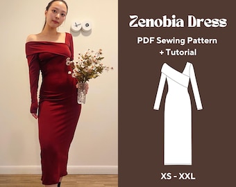 Zenobia Klänning Mönster | Holiday Bodycon Asymmetrisk Off-Shoulder Midi Klänning PDF Mönster | Storlek XS-XXL med Steg-för-Steg-instruktioner