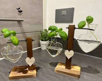 Hydroponic Plant Vase - Heart Shaped Valentines Vases Plant Cuttings Vase Wooden Stand Propagation Station Glass Desk Hydroponic System