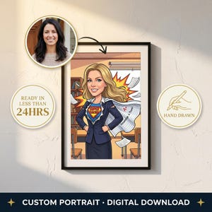 Könnte beinhalten: Gerahmtes, individuelles Porträt mit einer Cartoon-Illustration eines Lehrers als Superheld. Das Bild enthält den Text "READY IN LESS THAN 24HRS", "HAND DRAWN" und "CUSTOM PORTRAIT • DIGITAL DOWNLOAD". Ein Foto einer Frau befindet sich in der oberen linken Ecke.