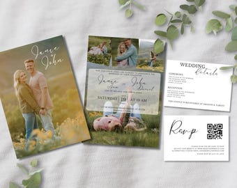 May include: Wedding invitation with a photo of a couple in a field of yellow flowers. The invitation includes the couple's names, wedding date, and time, and the location of the ceremony. The invitation also includes a QR code for RSVP.