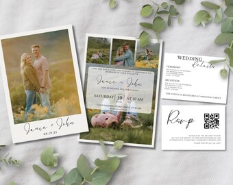 May include: A wedding invitation suite with a rustic theme. The invitation features a photo of the couple in a field of flowers. The details card includes the ceremony and reception times and locations. The RSVP card has a QR code for guests to respond.
