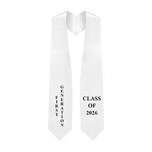 May include: A white graduation stole with black text. The left side reads "FIRST GENERATION" vertically. The right side reads "CLASS OF 2026". The stole is made of a smooth, shiny material and is designed to be worn over the shoulders.