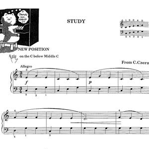 Op de afbeelding: Een zwart-witte illustratie van een beer die piano speelt. De tekst "Sounds low, doesn't it?" staat boven de beer. De tekst "NEW POSITION on the C below Middle C" staat onder de beer. De tekst "STUDY" staat in grote letters bovenaan de pagina. De tekst "Allegro 3" staat boven de muzieknotatie. De tekst "From C. Czerny" staat onderaan de pagina. De muzieknotatie is voor een pianostuk.