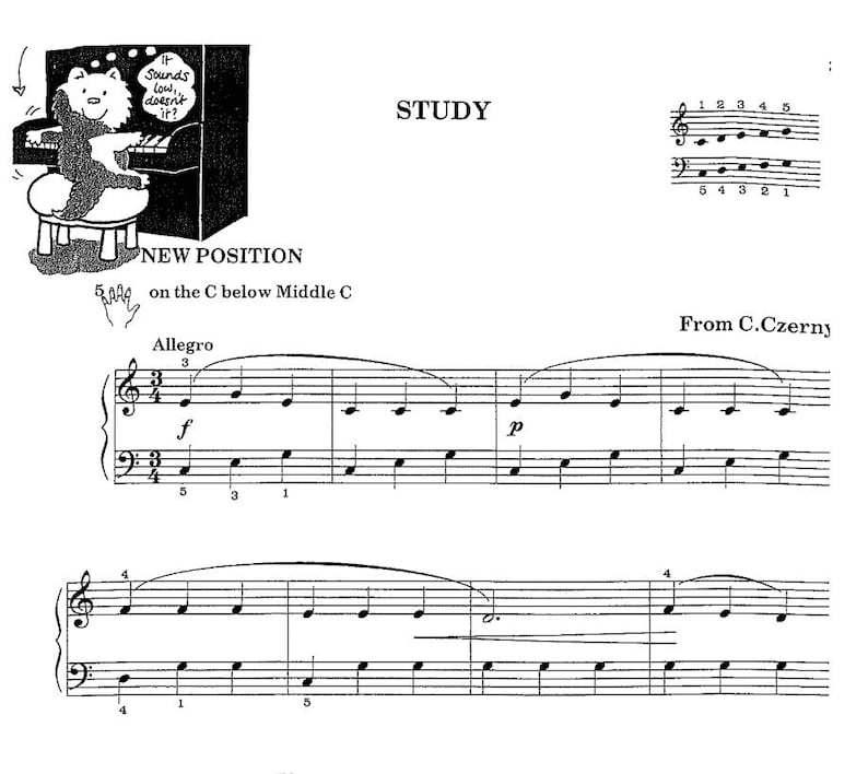 Op de afbeelding: Een zwart-witte illustratie van een beer die piano speelt. De tekst "Sounds low, doesn't it?" staat boven de beer. De tekst "NEW POSITION on the C below Middle C" staat onder de beer. De tekst "STUDY" staat in grote letters bovenaan de pagina. De tekst "Allegro 3" staat boven de muzieknotatie. De tekst "From C. Czerny" staat onderaan de pagina. De muzieknotatie is voor een pianostuk.