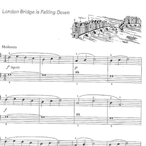 Op de afbeelding: Een bladmuziekpartituur voor het lied "London Bridge is Falling Down". De muziek is geschreven in vioolsleutel en bevat de woorden "Moderato", "f legato" en "P" in muzikale notatie.