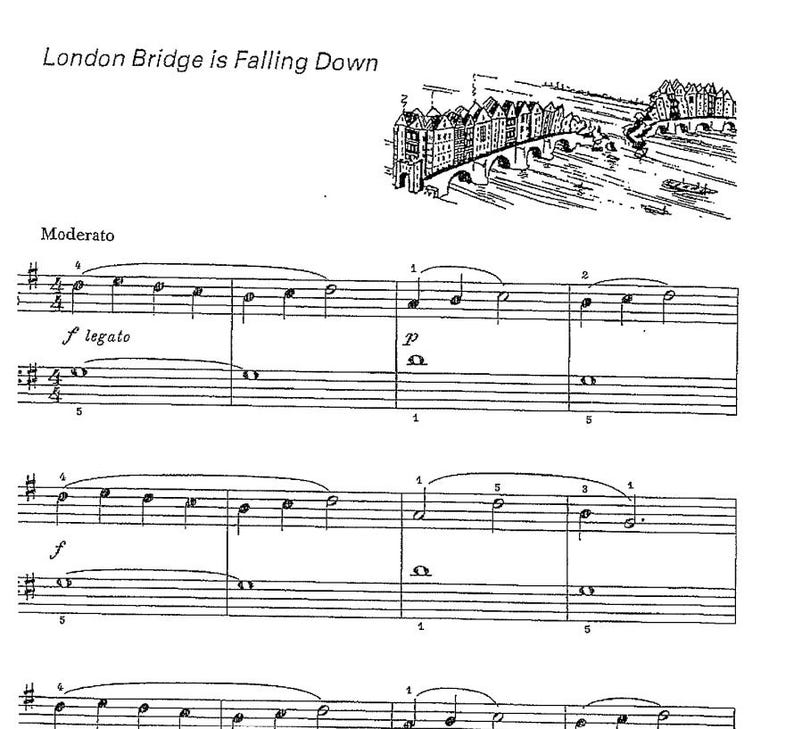 Op de afbeelding: Een bladmuziekpartituur voor het lied "London Bridge is Falling Down". De muziek is geschreven in vioolsleutel en bevat de woorden "Moderato", "f legato" en "P" in muzikale notatie.
