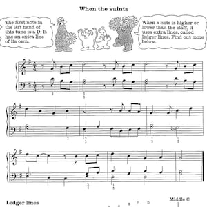Op de afbeelding: Een bladmuziek met de titel "When the saints" en een muzikale notatie van het lied. De eerste noot in de linkerhand van deze melodie is een D. Het heeft een extra lijn voor zichzelf. Wanneer een noot hoger of lager is dan de notenbalk, worden extra lijnen gebruikt, die ledger lines worden genoemd. Meer informatie vindt u hieronder.