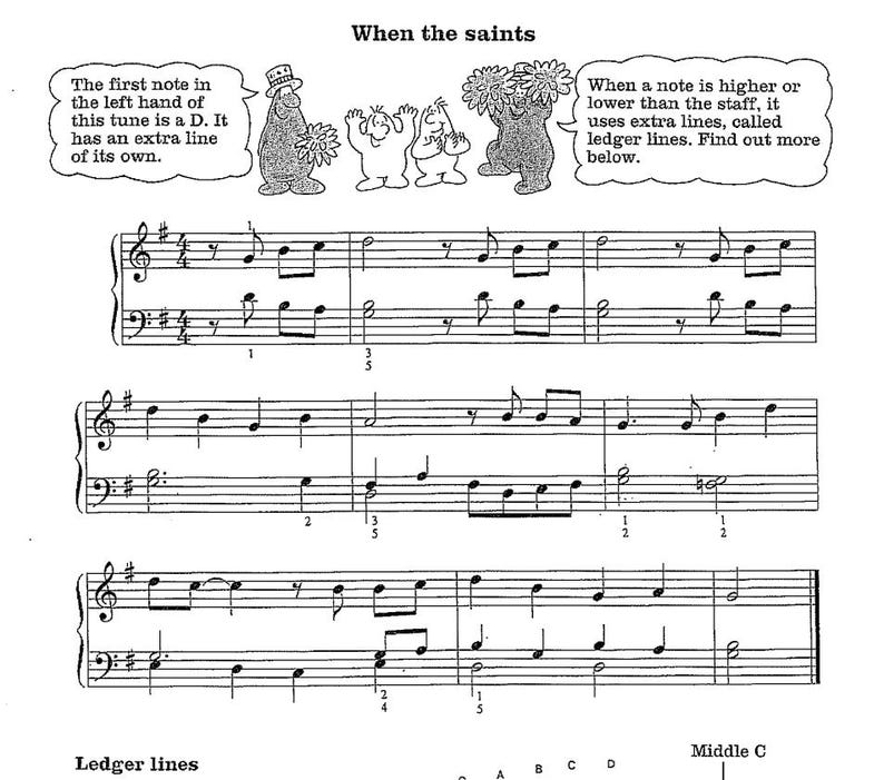 Op de afbeelding: Een bladmuziek met de titel "When the saints" en een muzikale notatie van het lied. De eerste noot in de linkerhand van deze melodie is een D. Het heeft een extra lijn voor zichzelf. Wanneer een noot hoger of lager is dan de notenbalk, worden extra lijnen gebruikt, die ledger lines worden genoemd. Meer informatie vindt u hieronder.