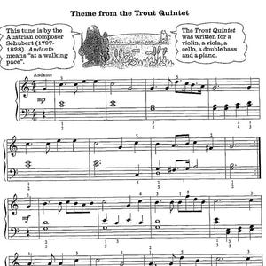 Op de afbeelding: Een blad met bladmuziek met de titel "Thema uit het Forellenkwintet" en de tekst "Deze melodie is van de Oostenrijkse componist Schubert (1797-1828). Andante betekent "in een wandeltempo."." De muziek is geschreven in vioolsleutel en basssleutel met noten en rusten. De tekst "Het Forellenkwintet is geschreven voor een viool, een altviool, een cello, een contrabas en een piano." is ook inbegrepen.